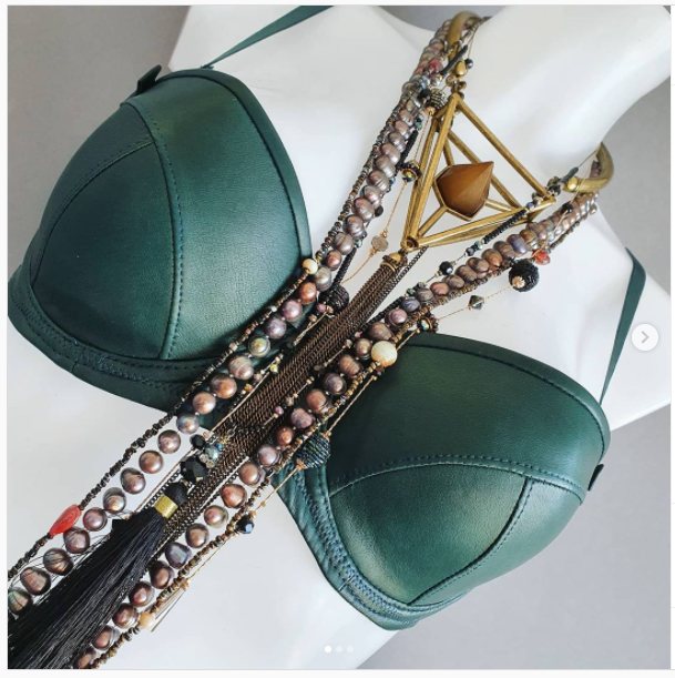 Handcrafted luxury leather balcony bra for women in green