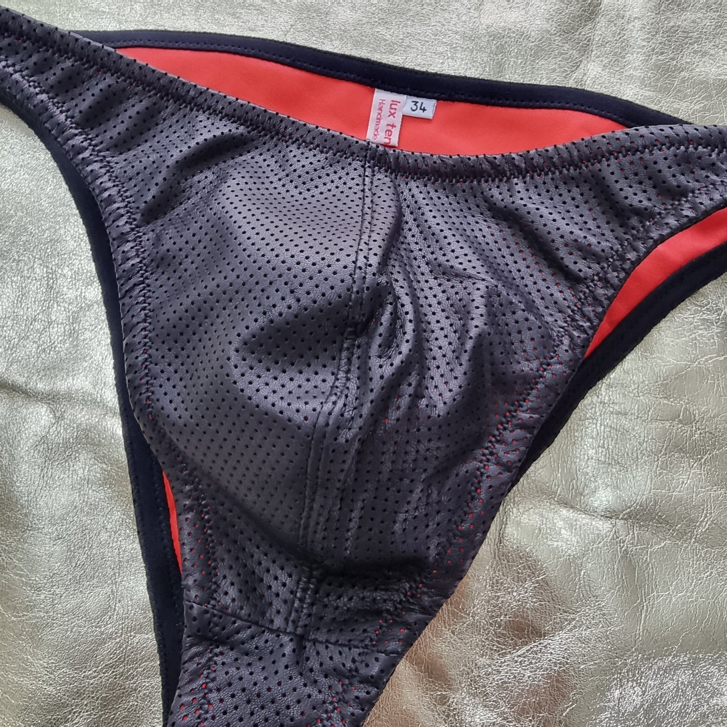 Double-layered luxury leather lined men's hipster briefs in black, sizes 32-40