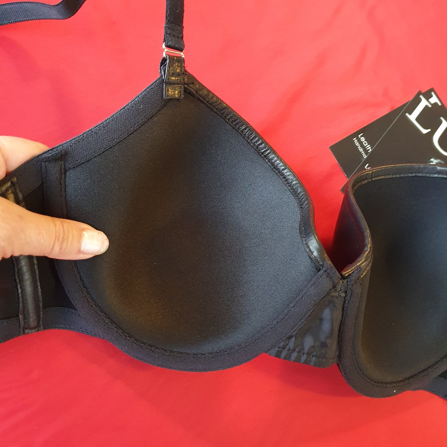 Handcrafted luxury leather t-shirt bra in black, underwired padded cups