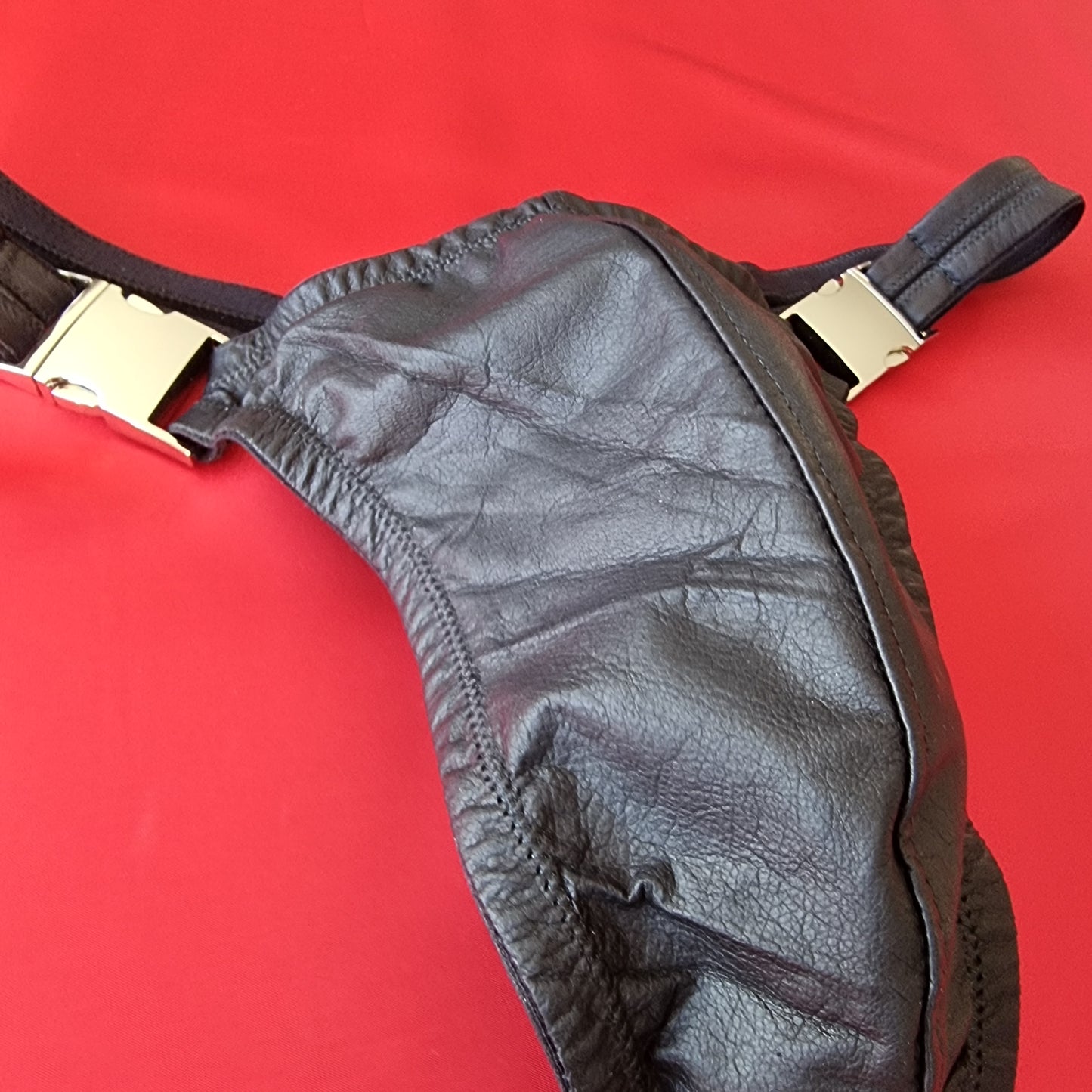 Leather stripper thong for men in black, washable glove leather with quick-release buckles