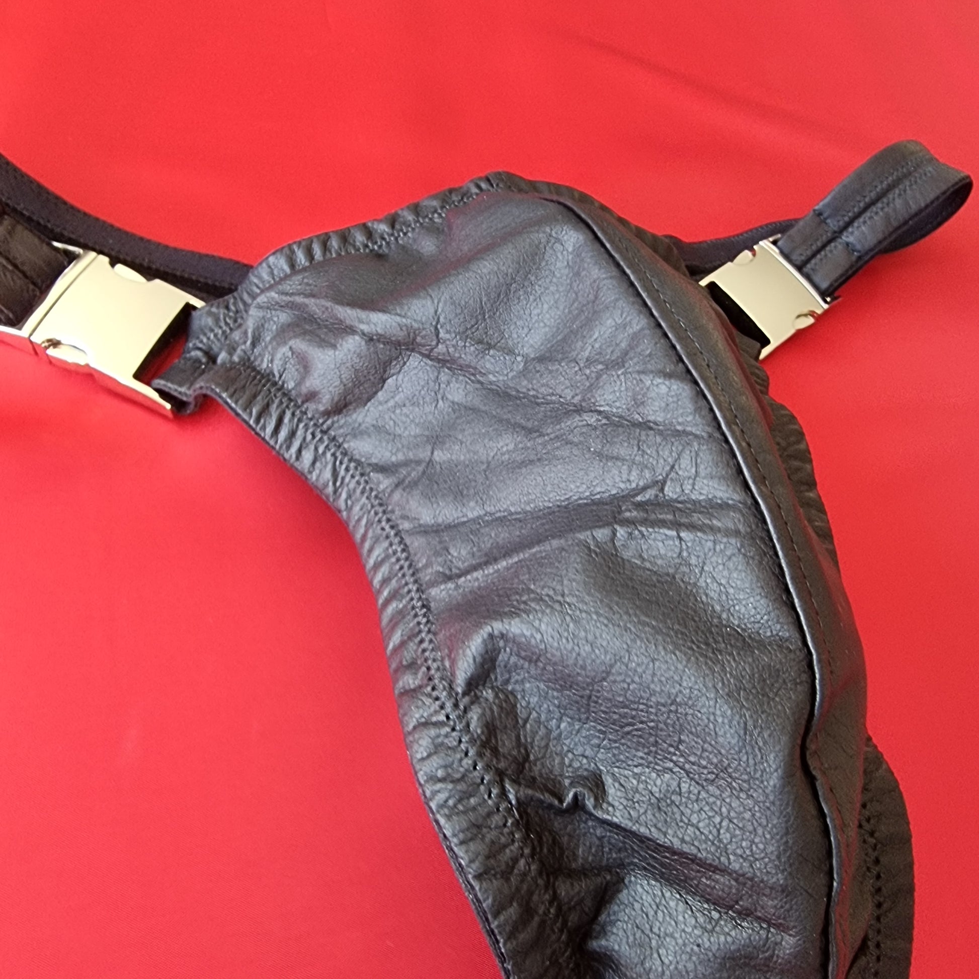 Leather stripper thong for men in black, washable glove leather with quick-release buckles