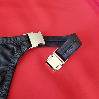 Leather stripper thong for men in black, washable glove leather with quick-release buckles


