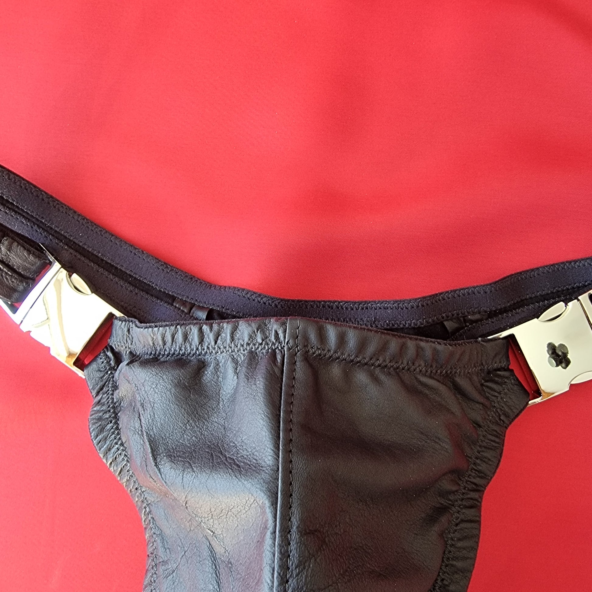 Leather stripper thong for men in black, washable glove leather with quick-release buckles