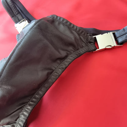 Leather stripper thong for men in black, washable glove leather with quick-release buckles