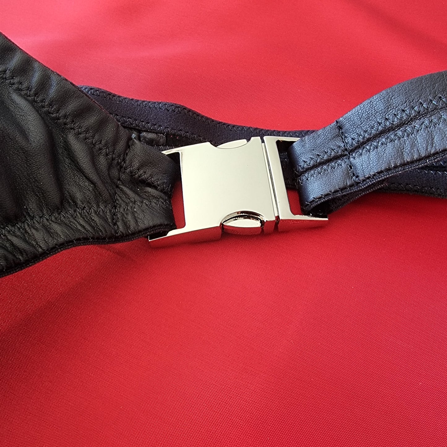 Leather stripper thong for men in black, washable glove leather with quick-release buckles