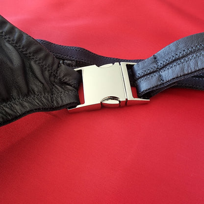 Leather stripper thong for men in black, washable glove leather with quick-release buckles