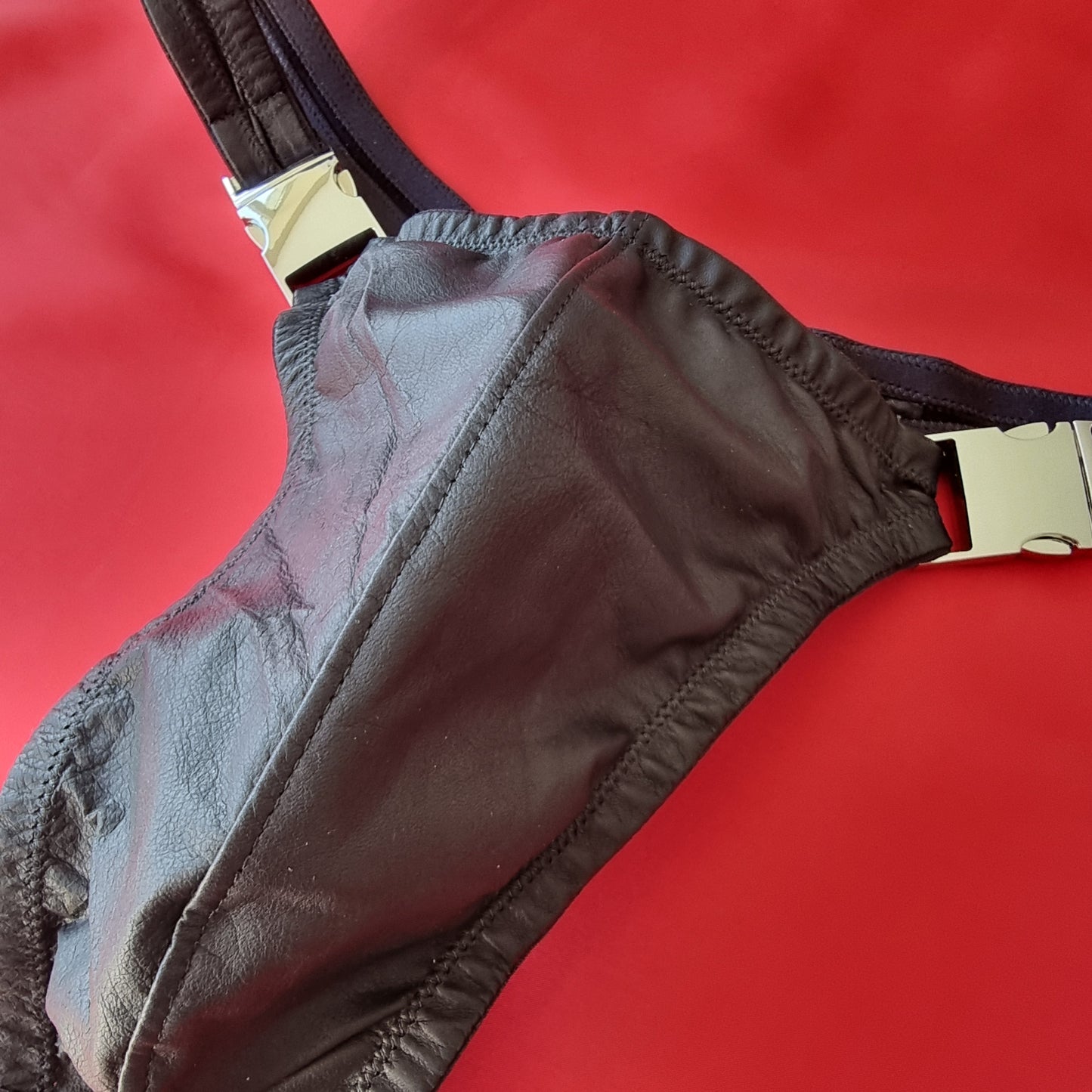 Leather stripper thong for men in black, washable glove leather with quick-release buckles