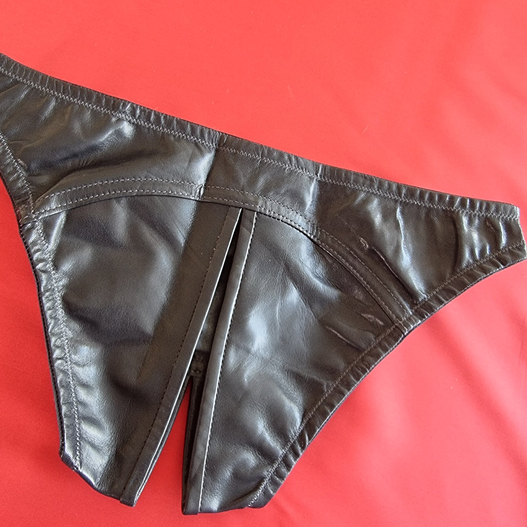 Luxury leather extended ouvert briefs for women in black, size UK 6. Handmade in UK
