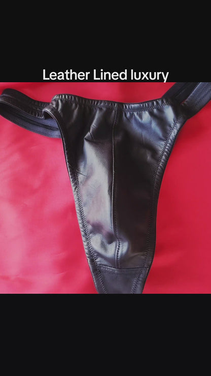 Leather-lined thong for men in black, slight seconds sizes 34-36

