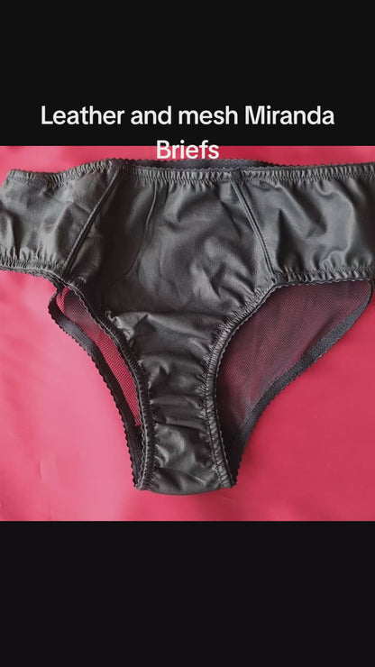Leather Miranda briefs for women in black, mid-rise with sheer powermesh back

