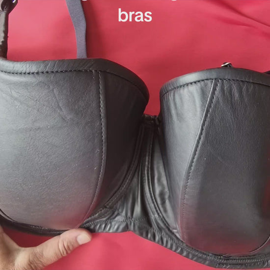Leather balcony bra D-HH with curved top edge, wider straps

