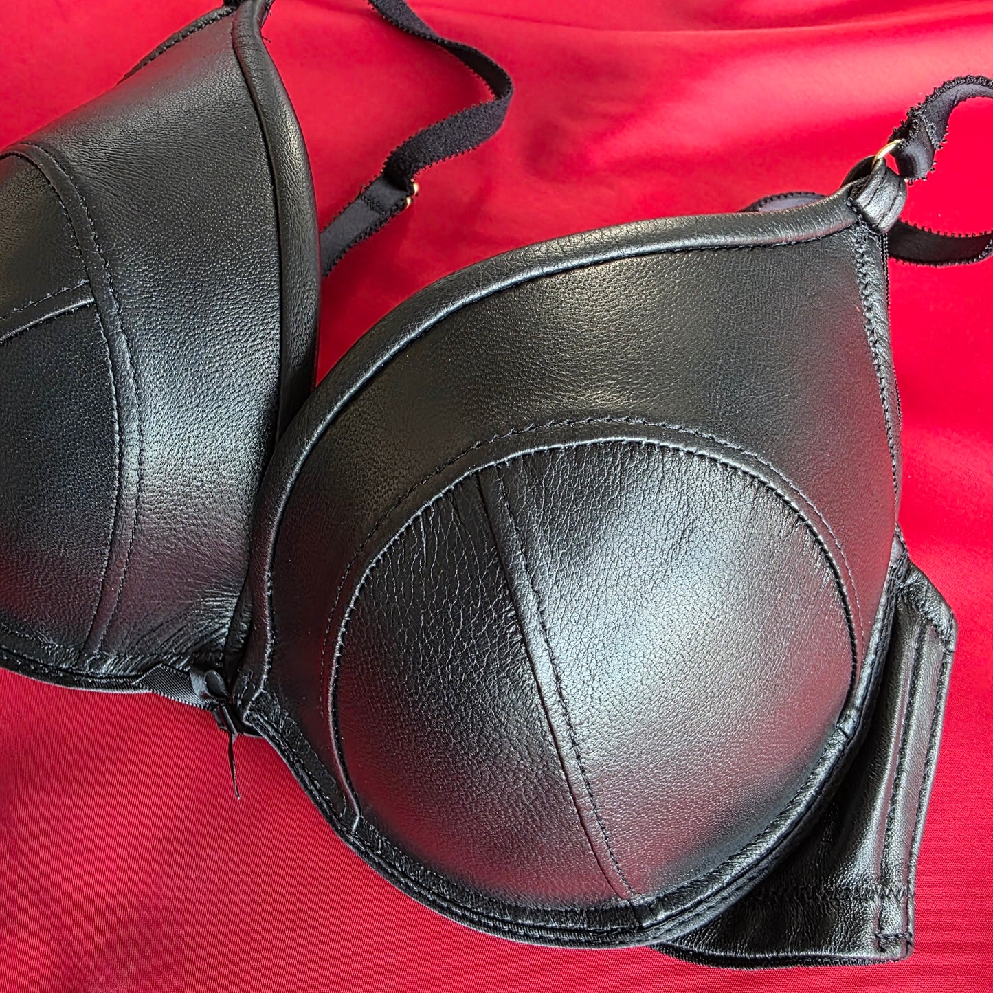 Black Lambskin Nappa Padded Plunge Leather Bra - 32D