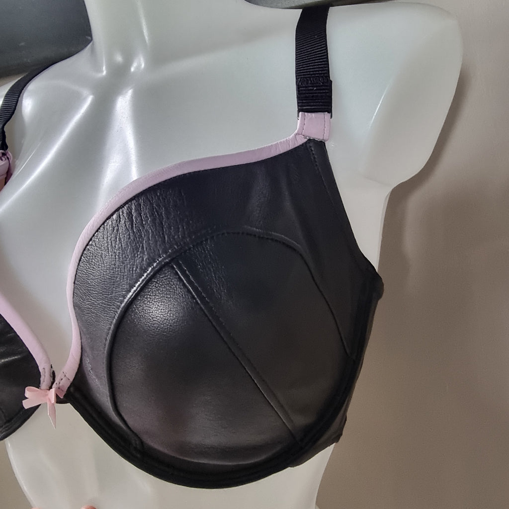 Black and pink padded plunge leather bra 38DD on sale - push-up design

