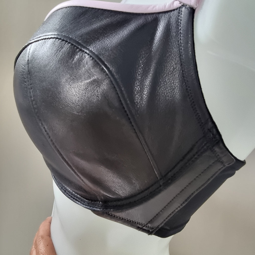 Black and pink padded plunge leather bra 38DD on sale - push-up design

