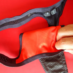 Leather Lined Thong Perforated black with lipstick red lining size 10 - was £150