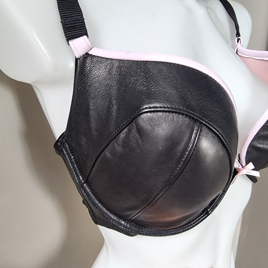 Black and pink padded plunge leather bra 38DD on sale - push-up design

