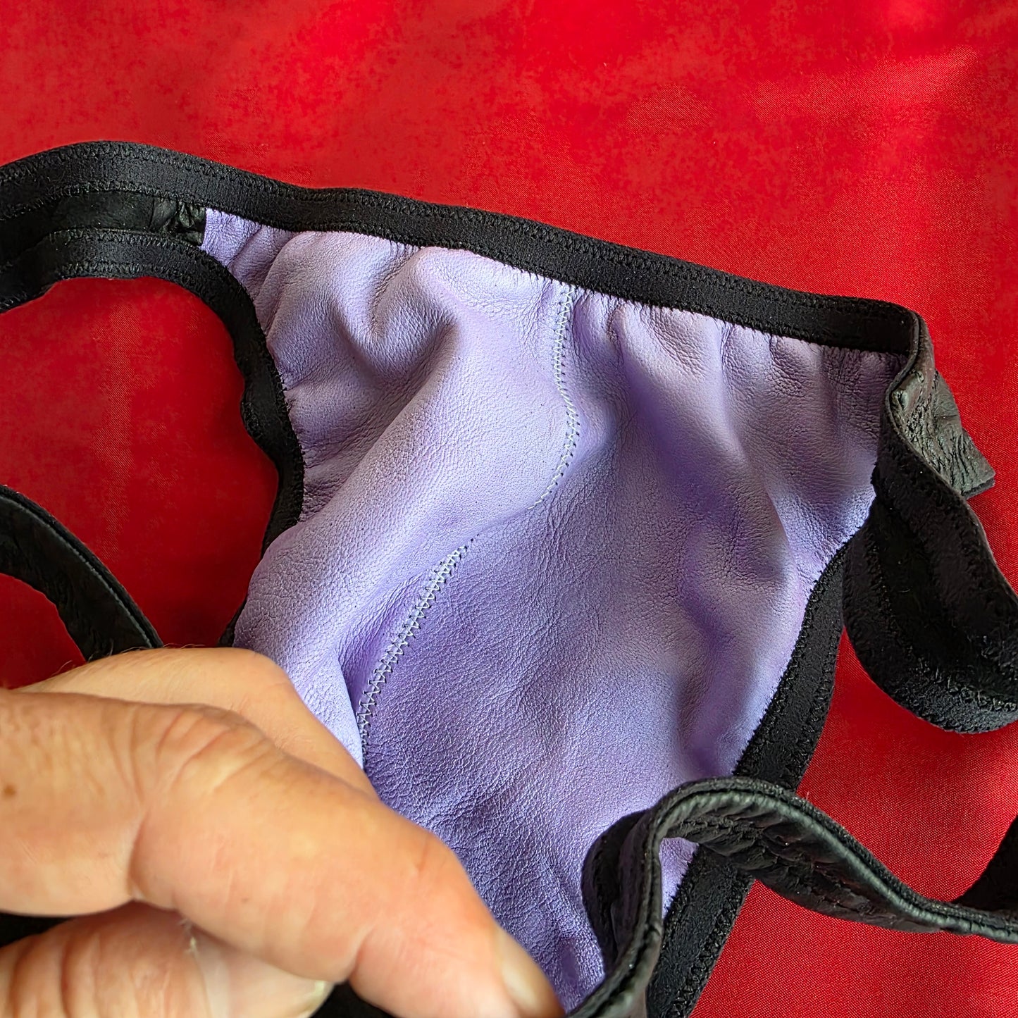 Men's Leather Lined Thong Size 36 Black with Lilac Lining