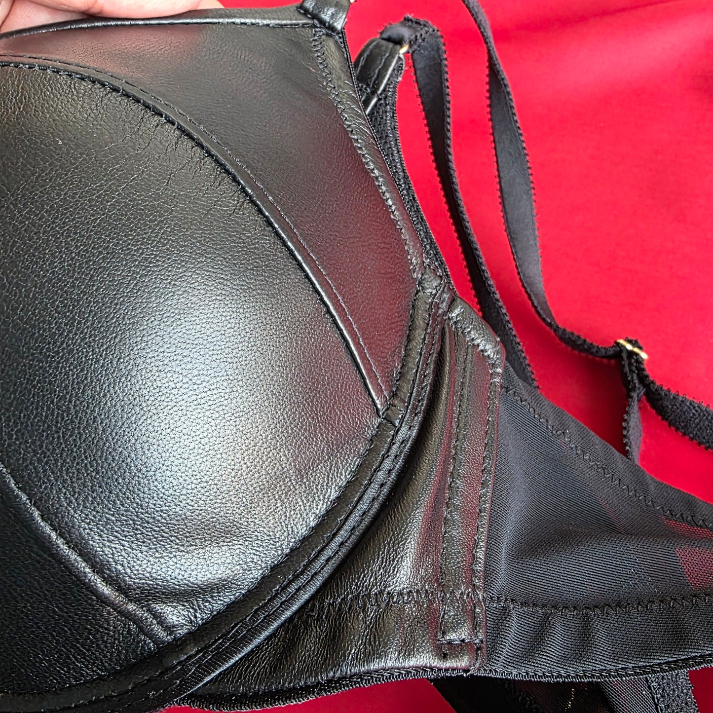 Black Lambskin Nappa Padded Plunge Leather Bra - 32D