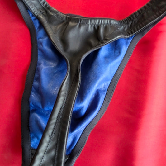 Men's Leather Lined Thong Size 32 Black with Blue Lining