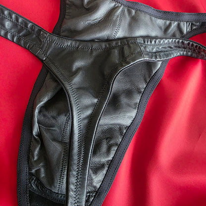 Men's Leather Lined Thong Black with Grey Lining