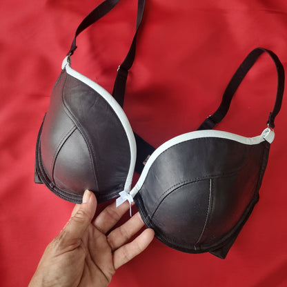 Black & White Padded Plunge Leather Bra - 32D (Pristine)