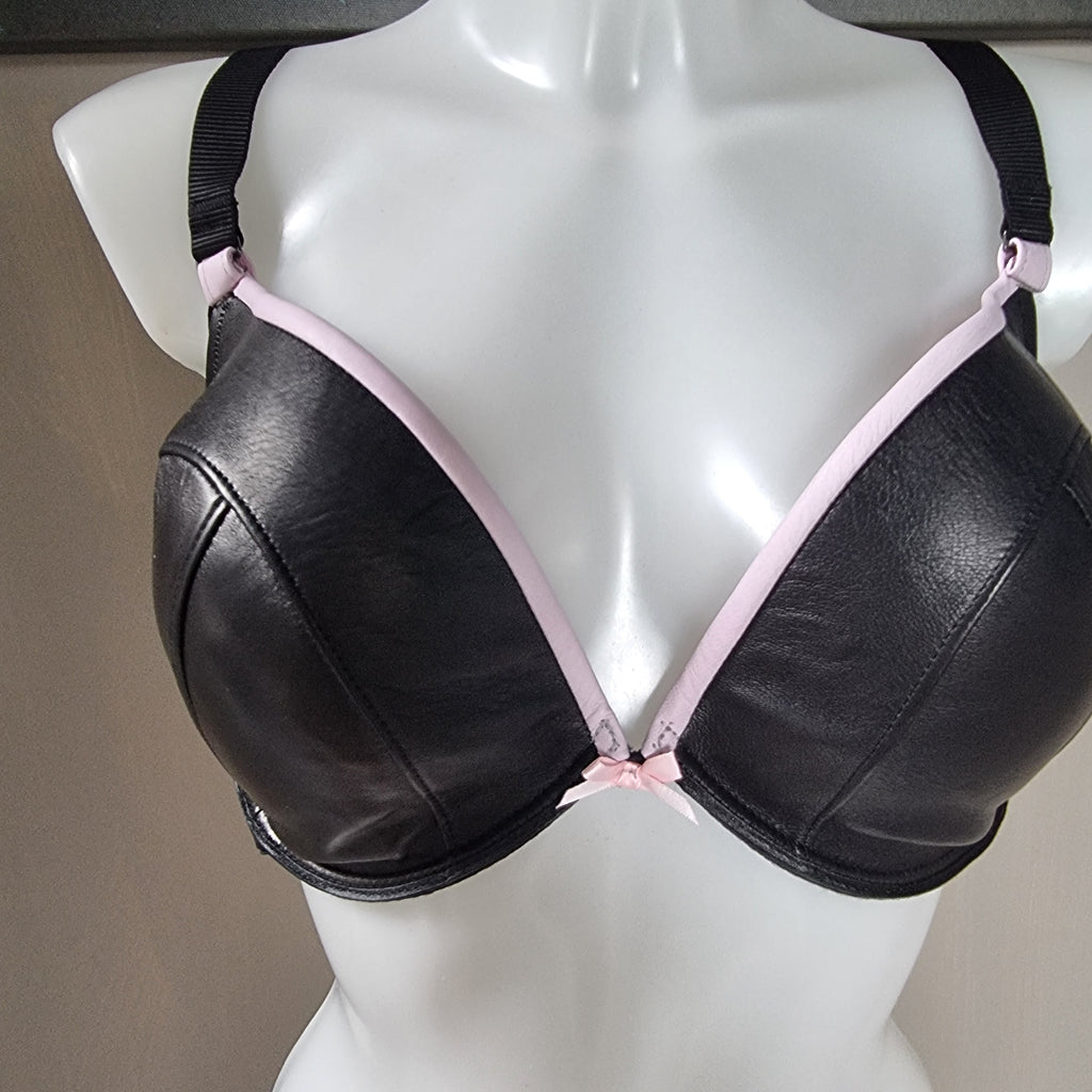 Black and pink padded plunge leather bra 38DD on sale - push-up design

