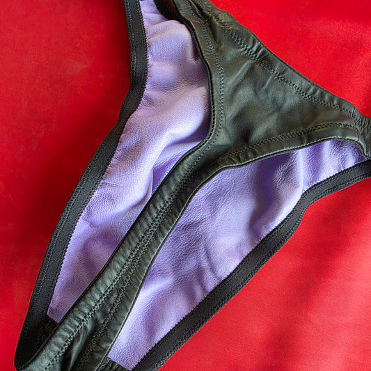 Men's Leather Lined Thong Size 36 Black with Lilac Lining