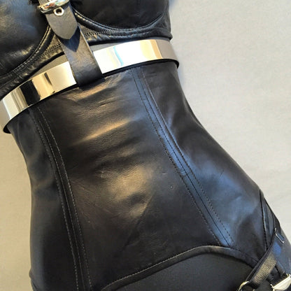 black leather tailored boned girdle front clear
