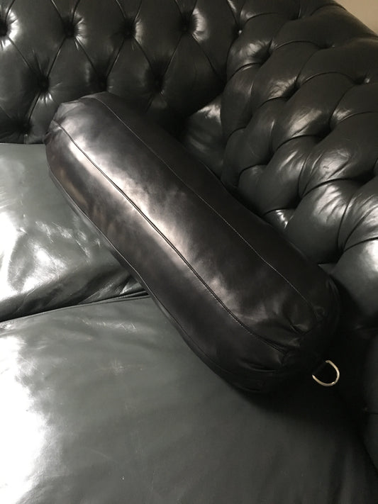 Washable black leather bolster cushion with steel D rings

