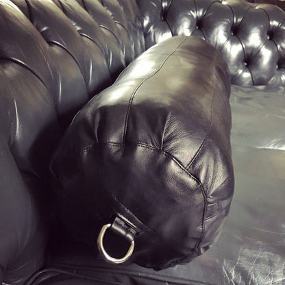 Washable black leather bolster cushion with steel D rings

