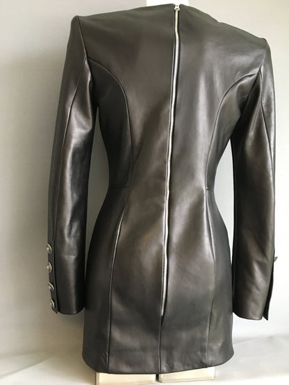 Leather Long Sleeve Plunging Mini Dress