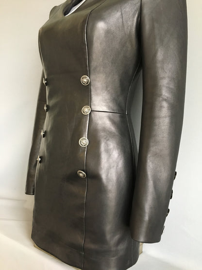 Leather Long Sleeve Plunging Mini Dress