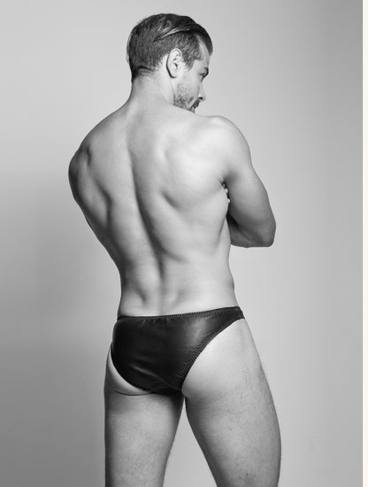 Double-layered luxury leather lined men's hipster briefs in black, sizes 32-40