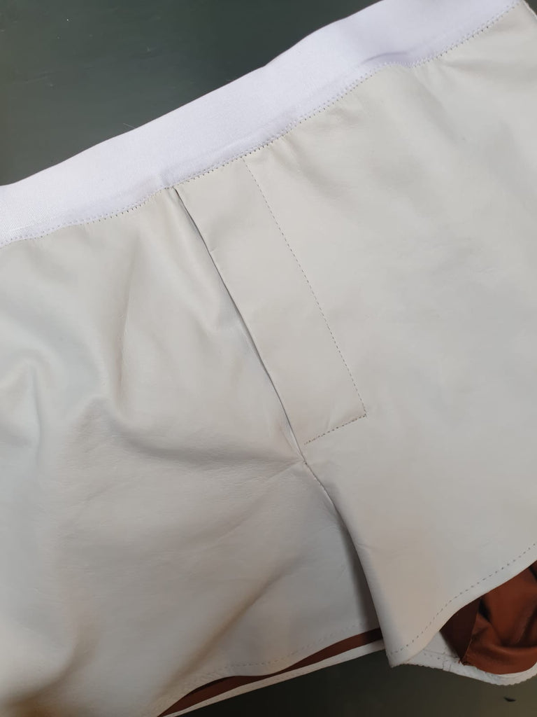Leather lined baggy boxer shorts for men in white leather with tan leather lining, loose fit