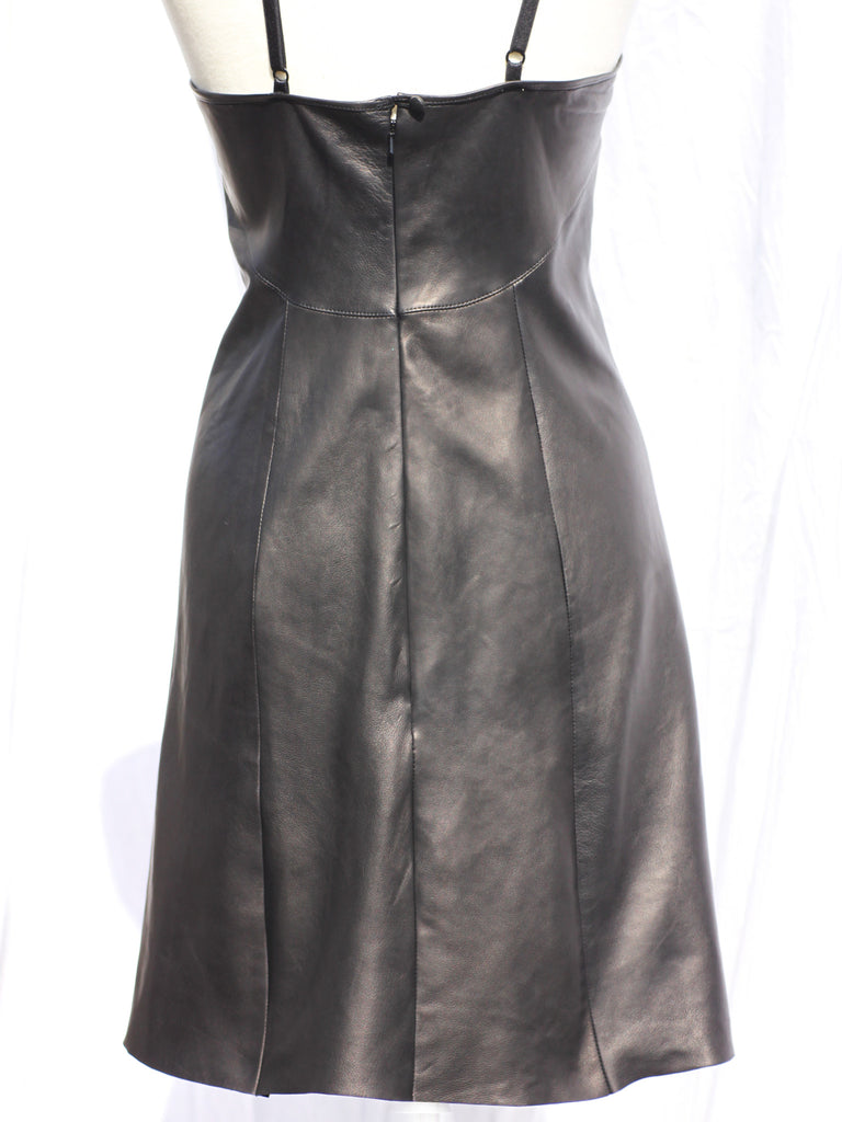 Black washable leather slip dress with adjustable straps, size UK 10, A-line leather slip dress in black—knee-length raw hem on clearance

