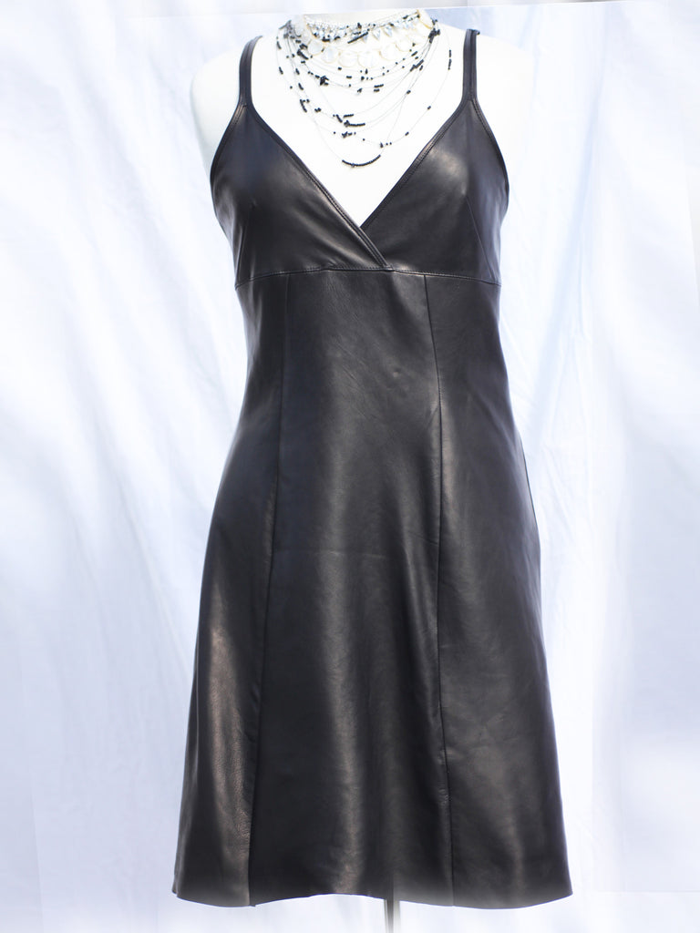 Black washable leather slip dress with adjustable straps, size UK 10, A-line leather slip dress in black—knee-length raw hem on clearance