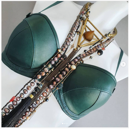 Handcrafted luxury leather balcony bra for women in green
