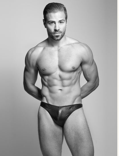 Double-layered luxury leather lined men's hipster briefs in black, sizes 32-40