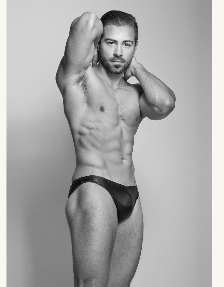 Double-layered luxury leather lined men's hipster briefs in black, sizes 32-40