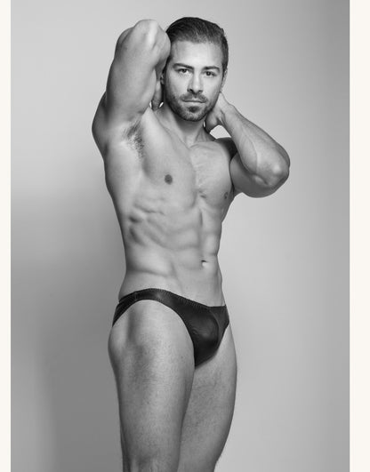 Double-layered luxury leather lined men's hipster briefs in black, sizes 32-40