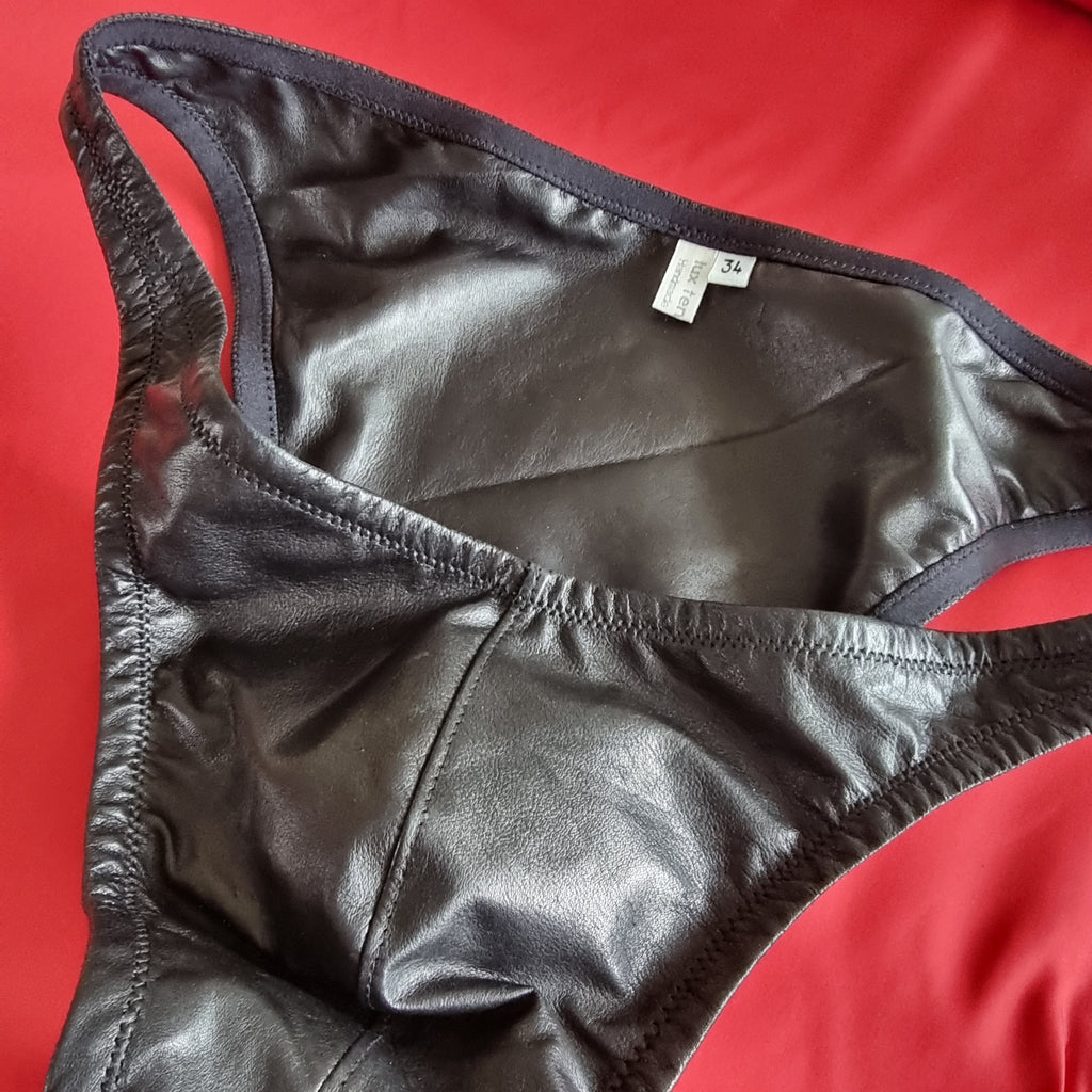 Double-layered luxury leather lined men's hipster briefs in black, sizes 32-40