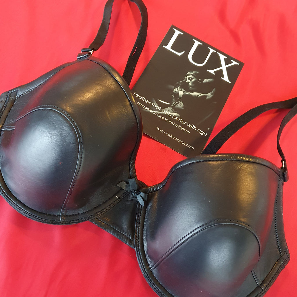 Handcrafted luxury leather t-shirt bra in black, underwired padded cups

